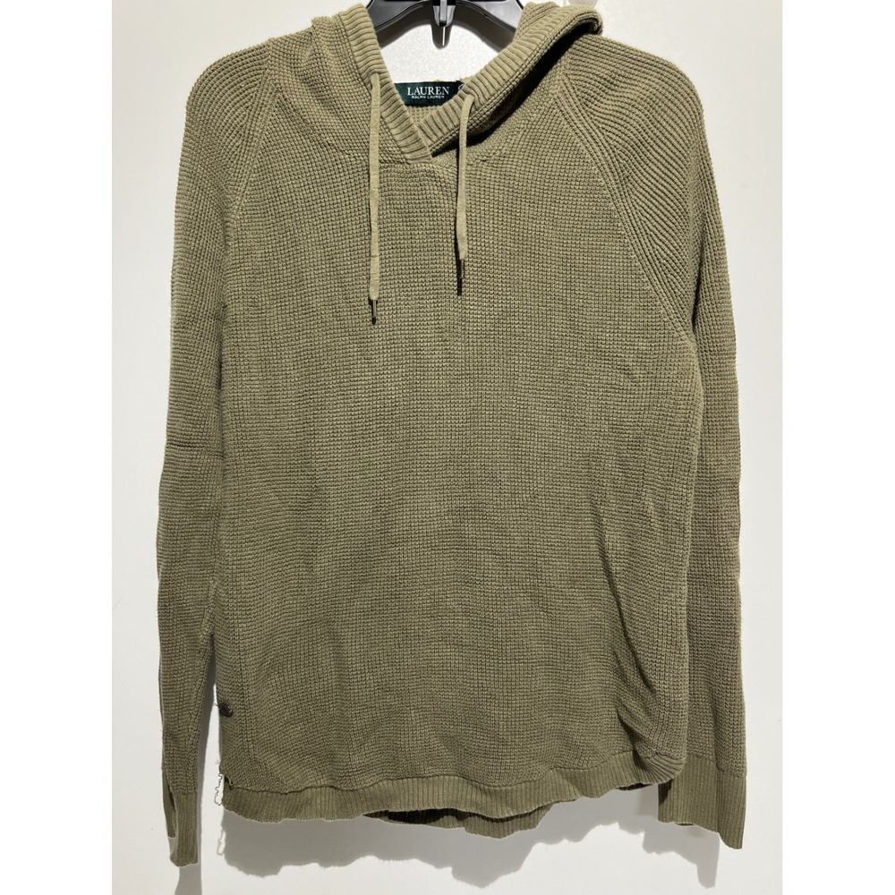 Lauren Ralph Lauren Womens Olive Green Waffle Knit Raglan Hoodie Sweater Large